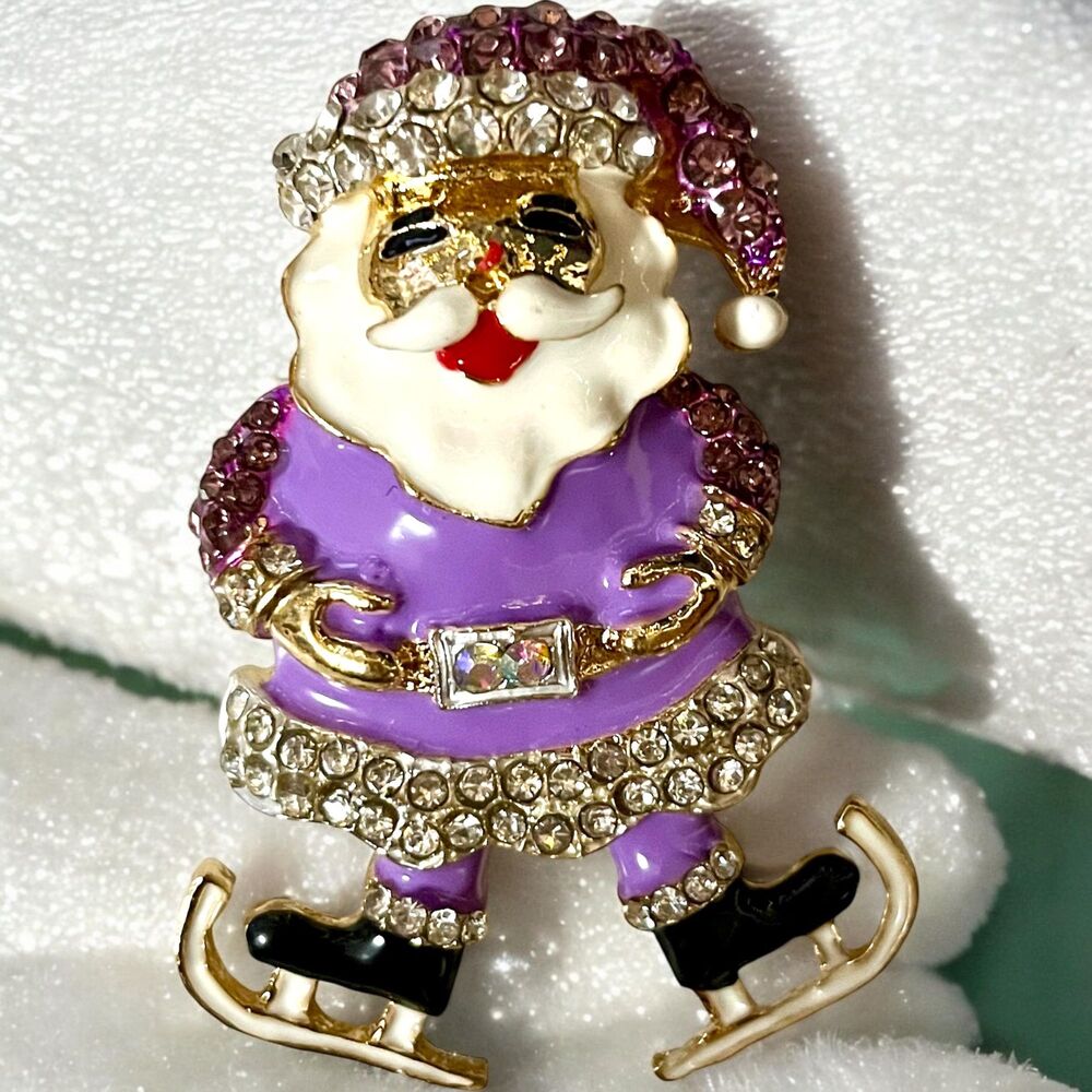 Charming Santa & Skate Shoes Brooch Pin with Sparkling Faux Crystals PURPLE